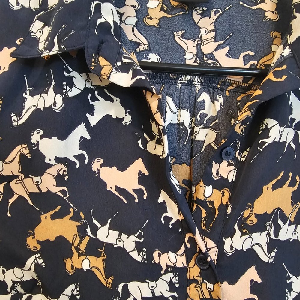 Horse Print Long Sleeve Button Down Vintage Blouse
